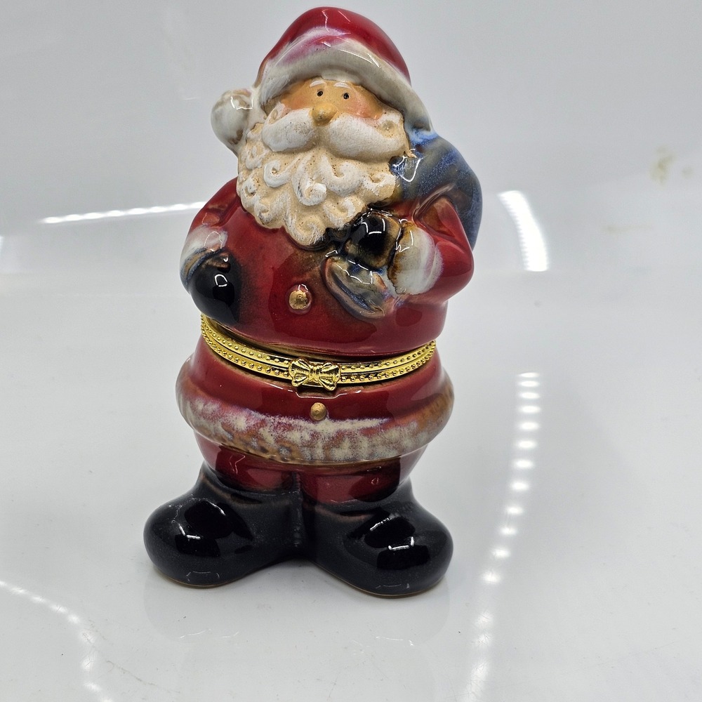 Santa Claus Ceramic Hinged Trinket Box Christmas Figurine Red Gold Bow Clasp